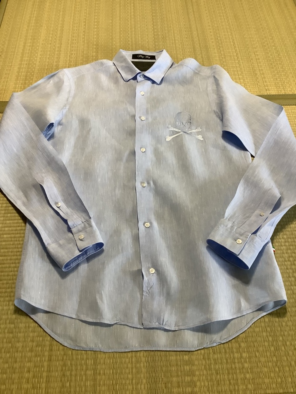 Philipp Plein Playboy Cut Light Blue Long Sleeve Shirt Skull Bones Medium